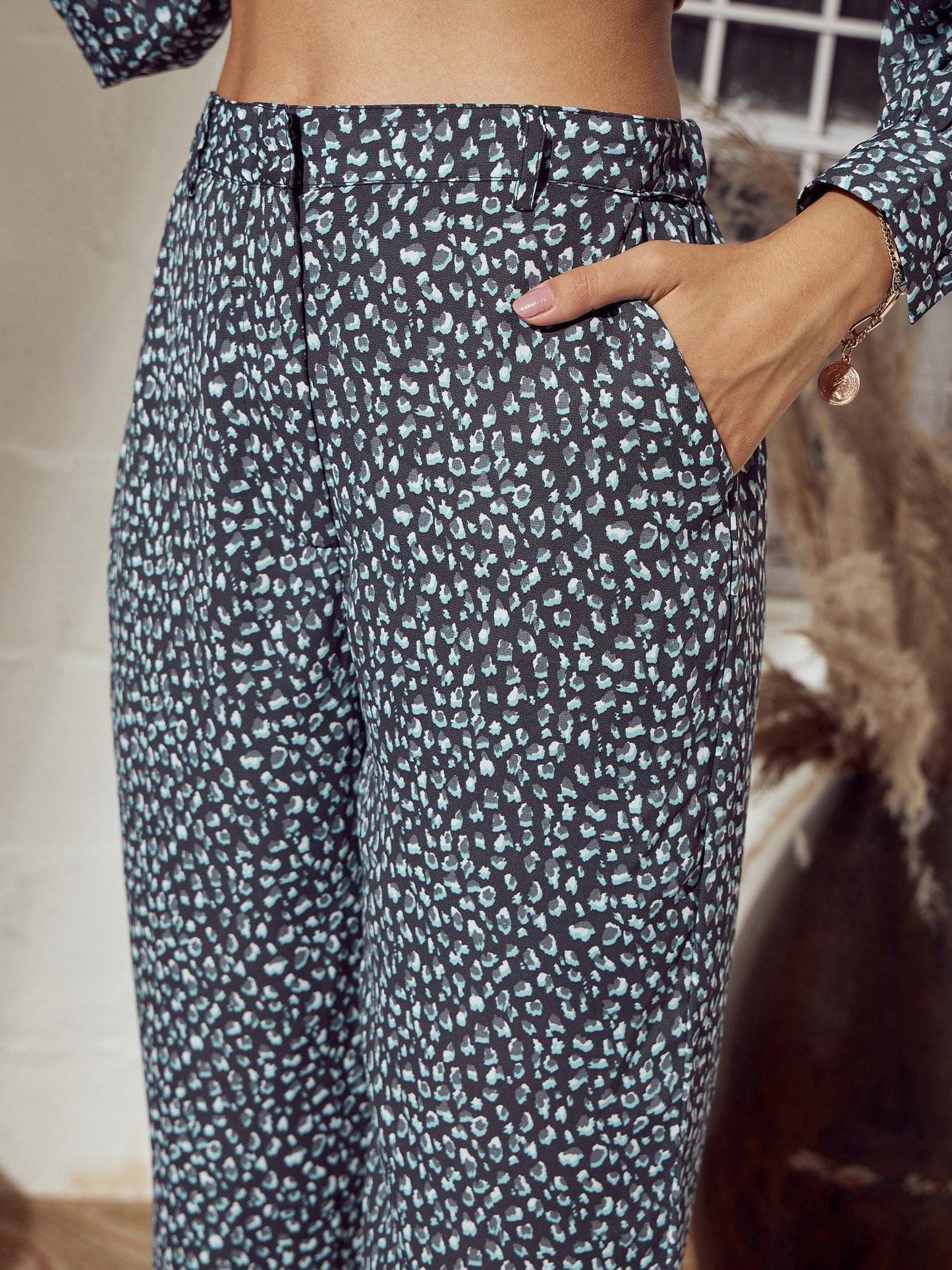 Grey Animal Neck Tie Top With Pants