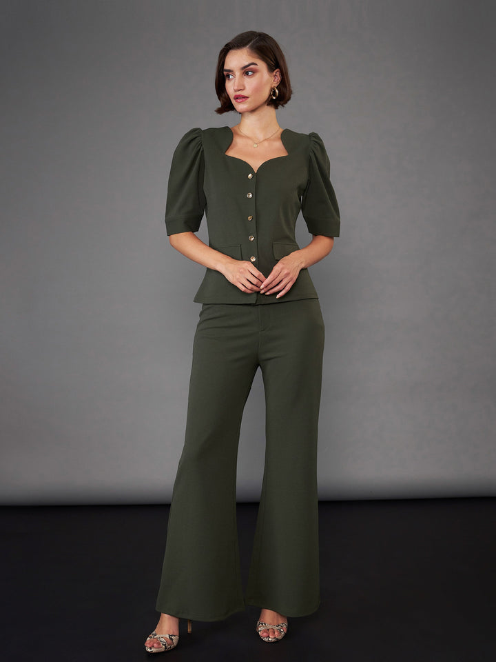 Women Olive Puff Sleeves Top With Bell Bottom Pants