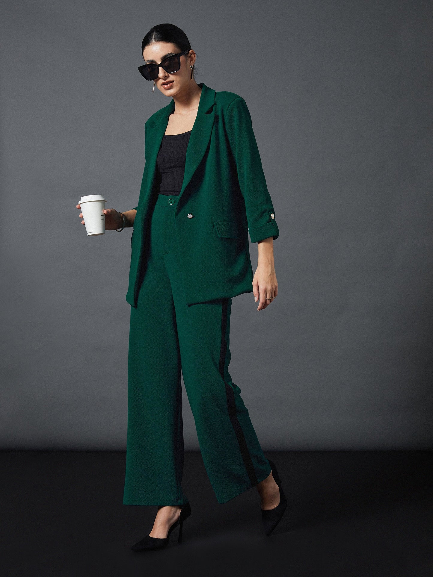 Emerald Front Button Blazer with Straight Pants