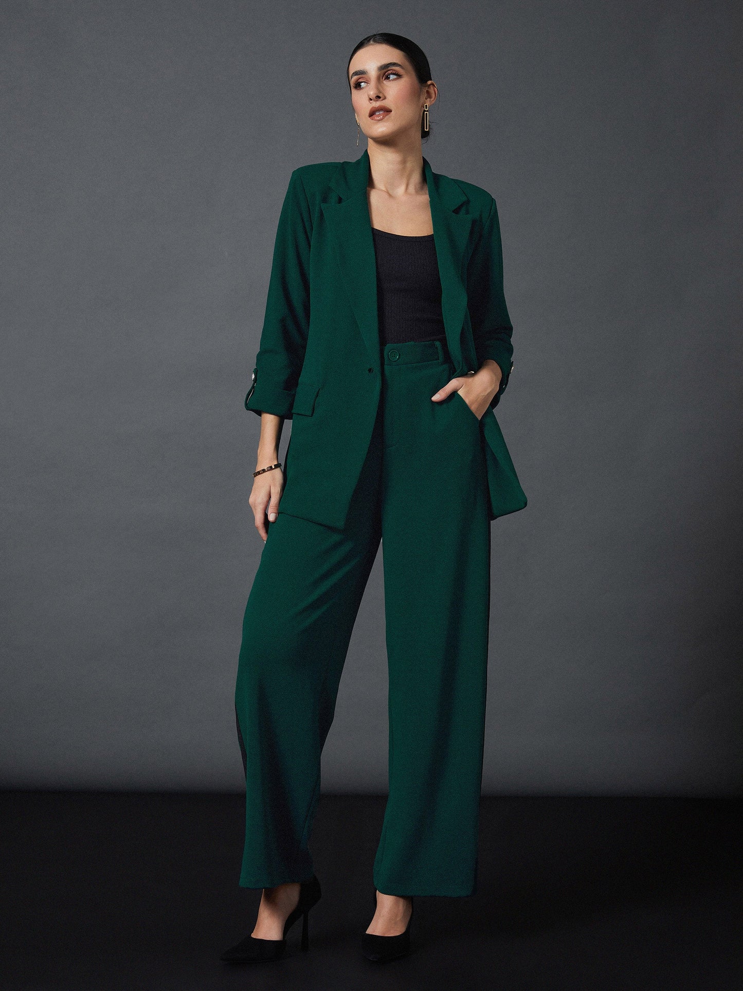 Emerald Front Button Blazer with Straight Pants