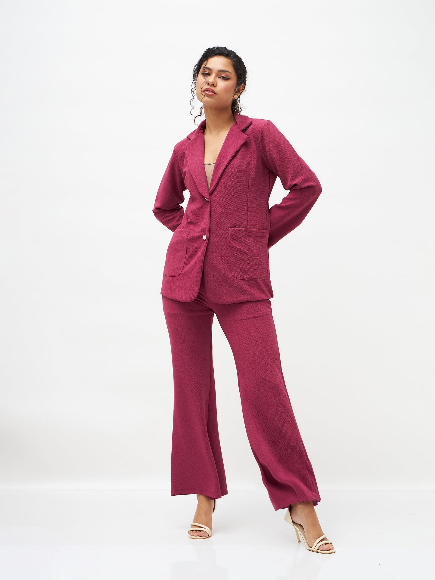 Mauve Slim Fit Blazer With Bellbottom Pants