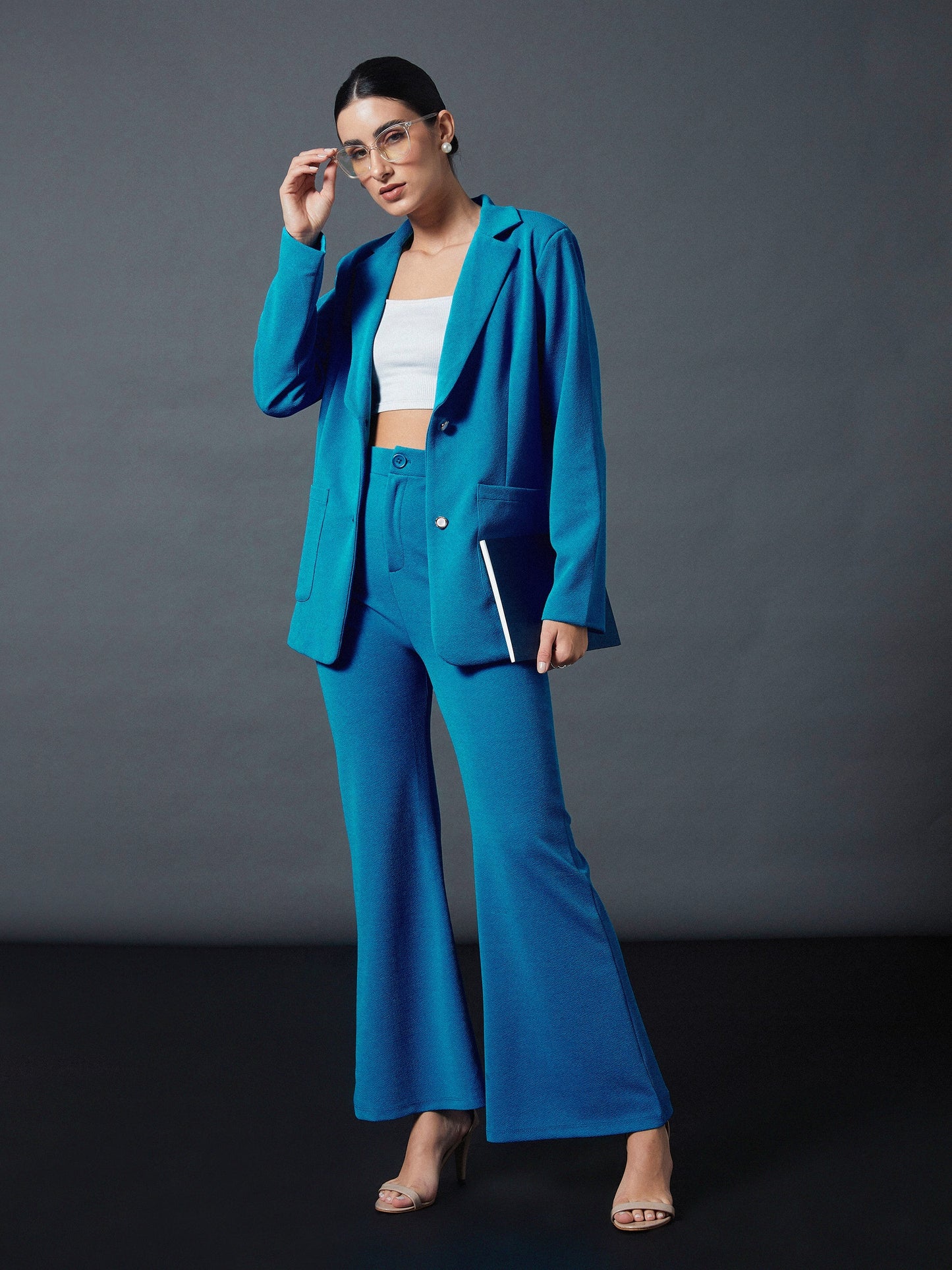 Turquoise Slim Fit Blazer With Bellbottom Pants