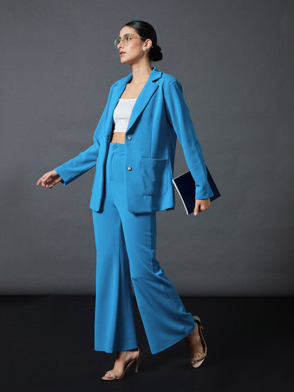 Turquoise Slim Fit Blazer With Bellbottom Pants