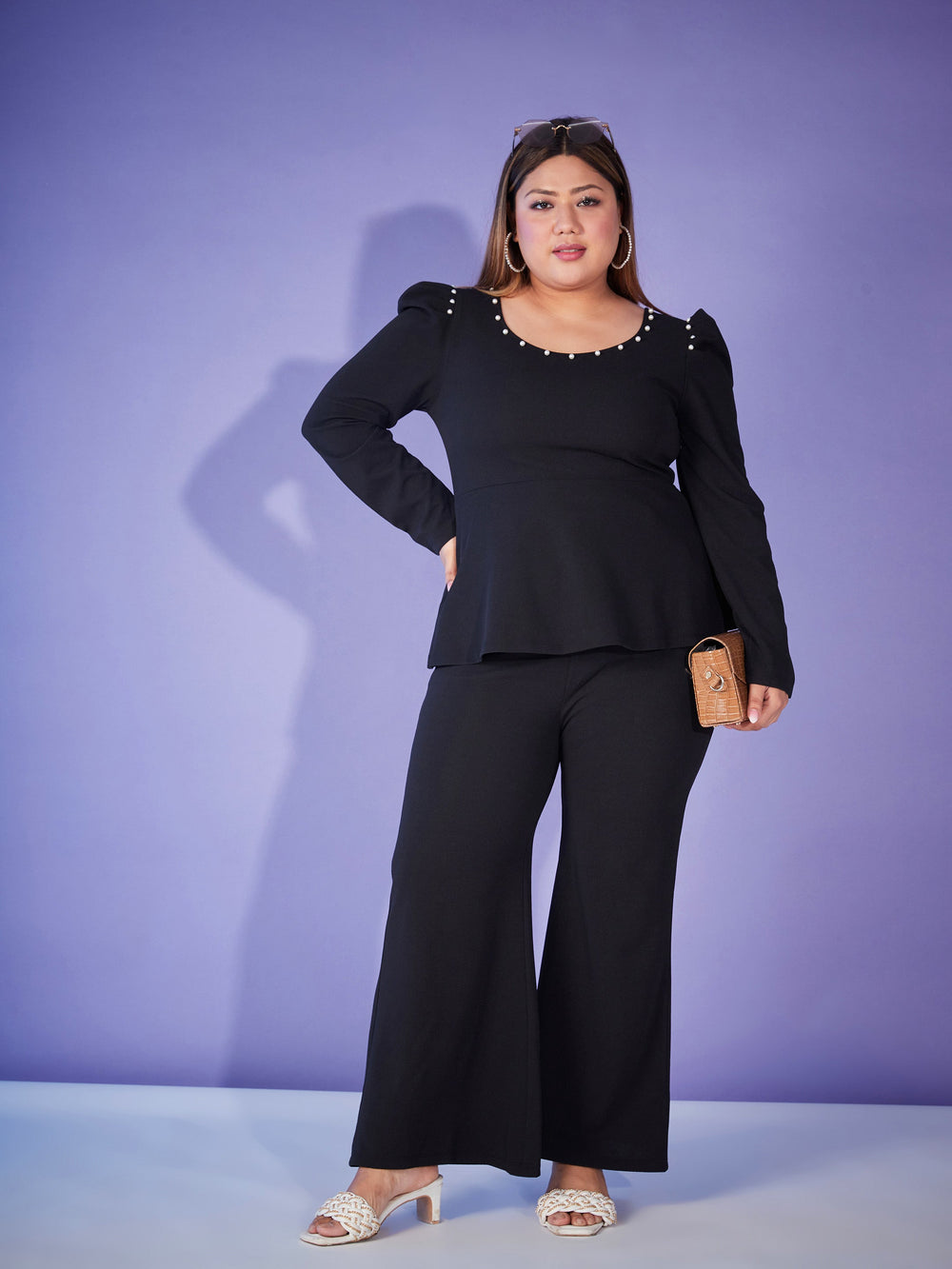 Black Pearl Peplum Top With Bell Bottom Pants-SASSAFRAS Curve