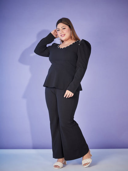 Black Pearl Peplum Top With Bell Bottom Pants-SASSAFRAS Curve