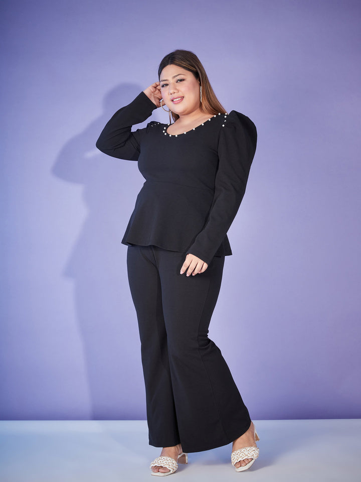 Black Pearl Peplum Top With Bell Bottom Pants-SASSAFRAS Curve