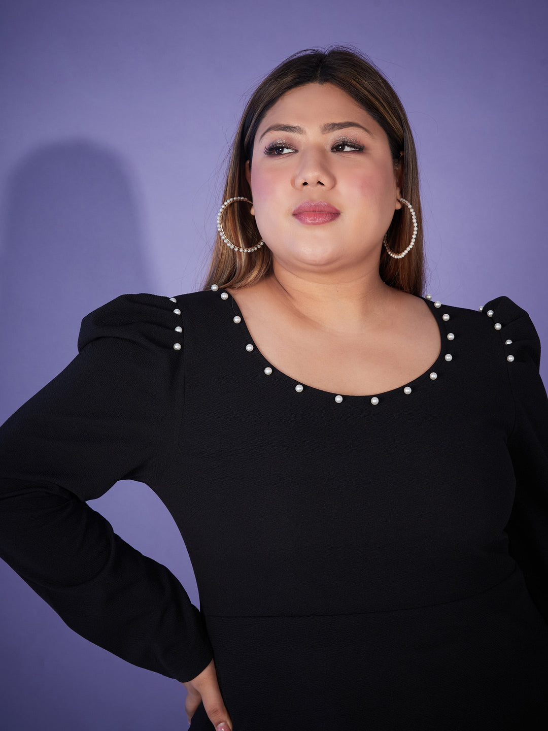 Black Pearl Peplum Top With Bell Bottom Pants-SASSAFRAS Curve