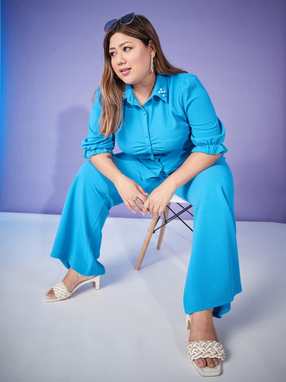 Turquoise Ruched Pearl Shirt With Bell Bottom Pants