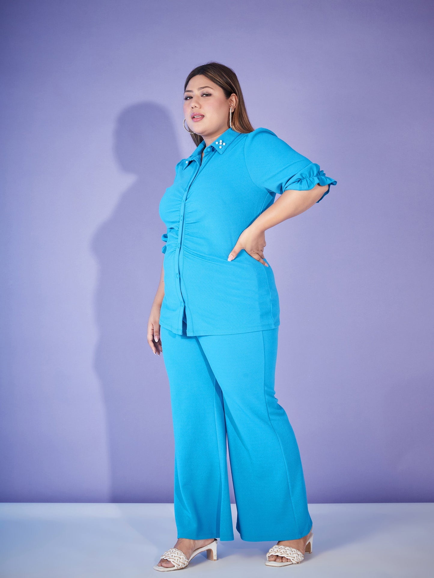 Turquoise Ruched Pearl Shirt With Bell Bottom Pants