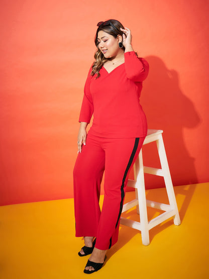 Red Regular Top With Side Tape Straight Pants