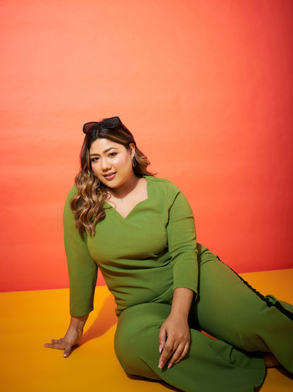 Green Regular Top With Side Tape Straight Pants