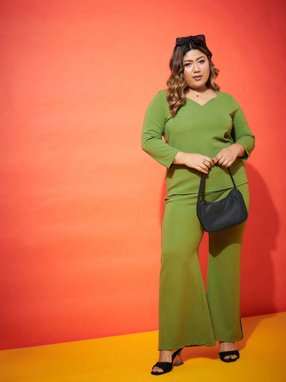Green Regular Top With Side Tape Straight Pants