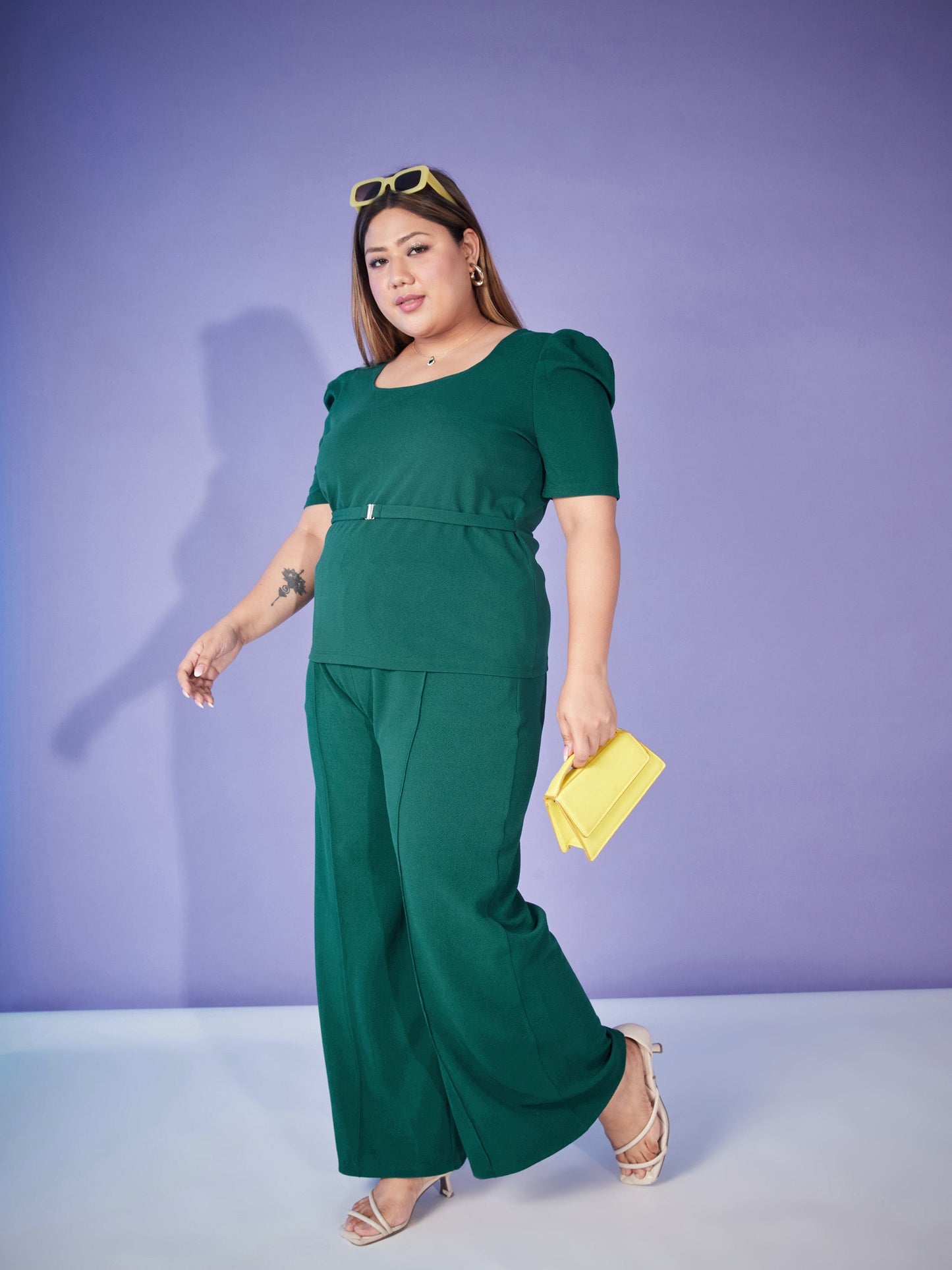 Emerald Belted Top With Bell Bottom Pants