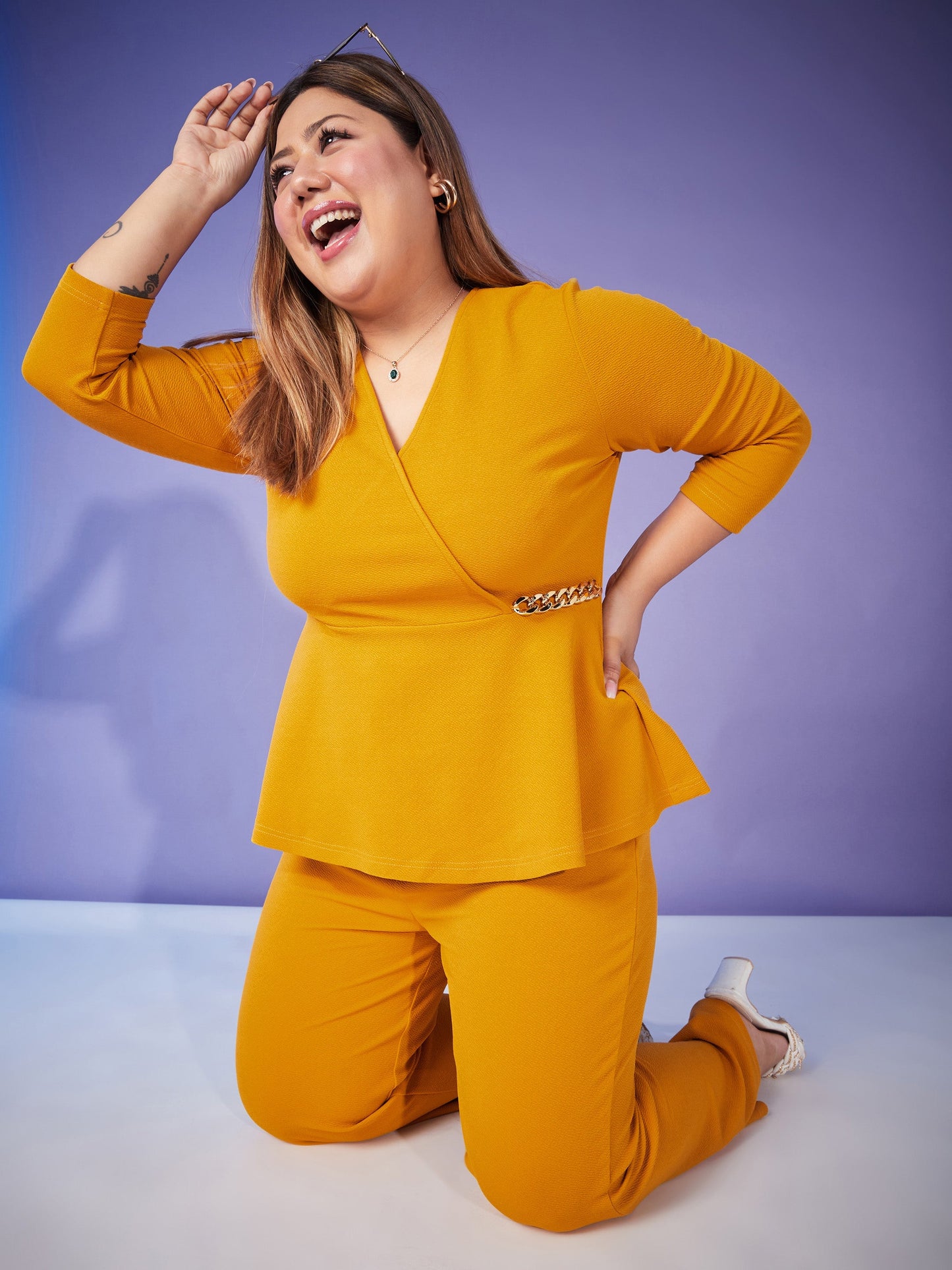 Mustard Chain Peplum Top With Bell Bottom Pants