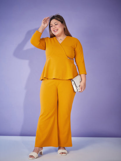 Mustard Chain Peplum Top With Bell Bottom Pants