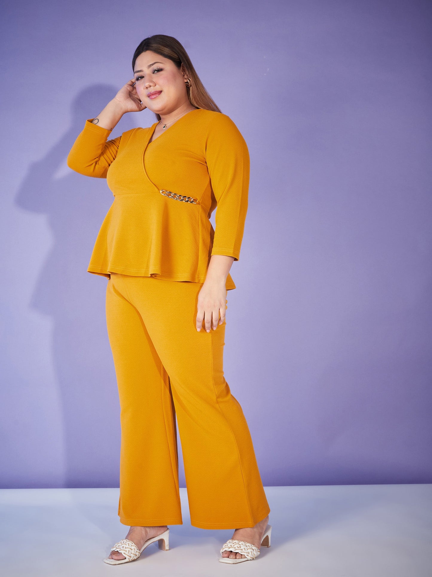 Mustard Chain Peplum Top With Bell Bottom Pants