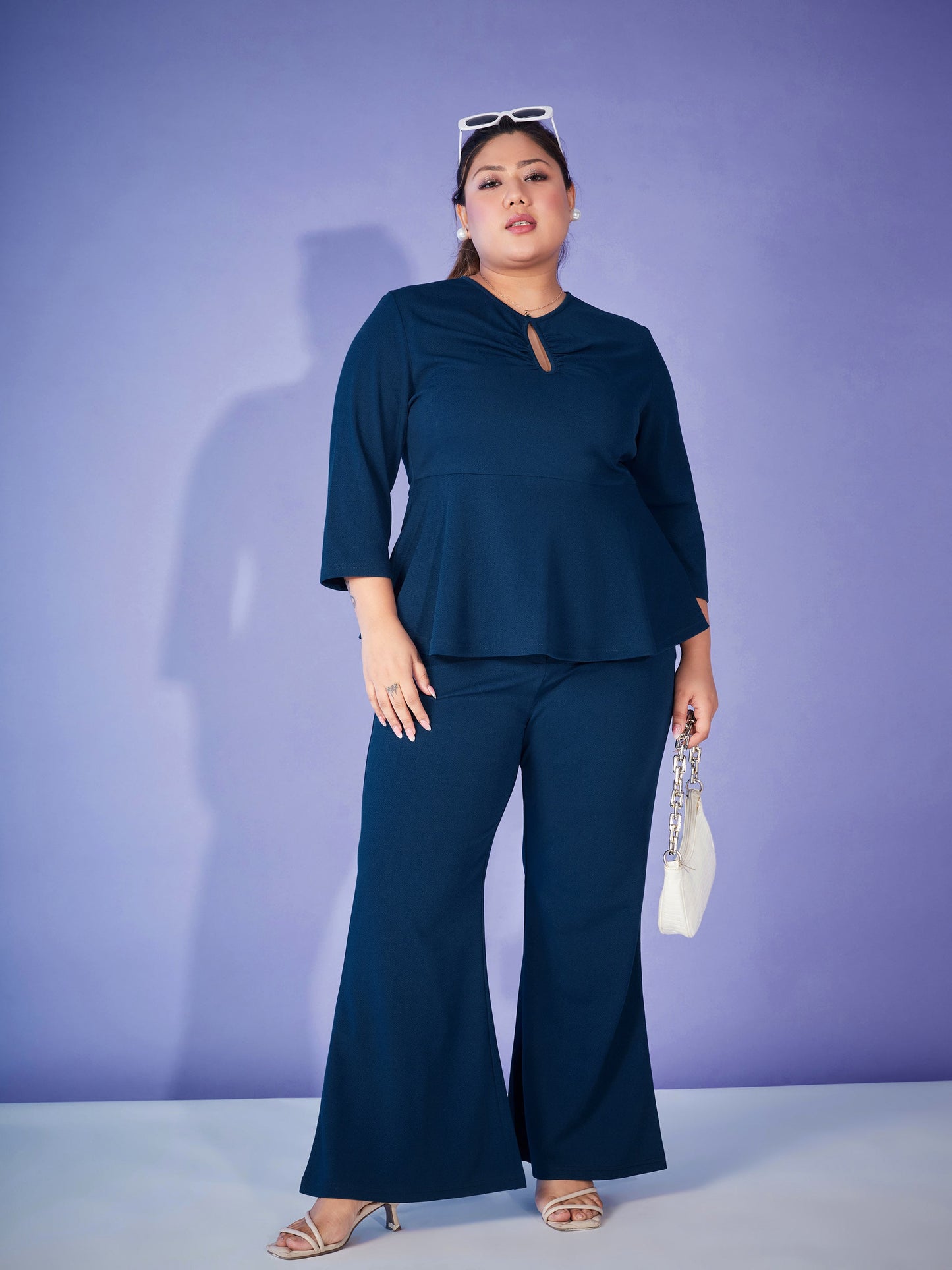 Plus size women's Blue Karera Crepe Blue Keyhole Top With Bell Bottom Pants by Sassafras Curve for wholesale buyers, boutiques, resellers and bulk