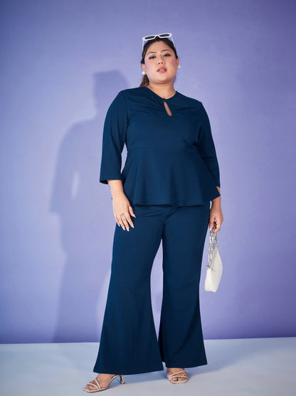 Plus size women's Blue Karera Crepe Blue Keyhole Top With Bell Bottom Pants by Sassafras Curve for wholesale buyers, boutiques, resellers and bulk