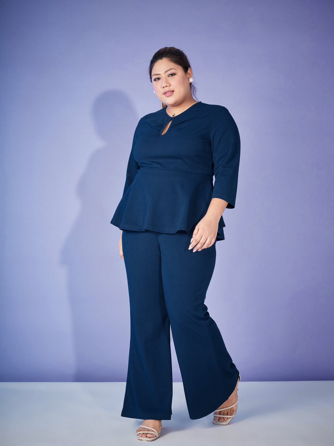 Blue Keyhole Top With Bell Bottom Pants-SASSAFRAS Curve