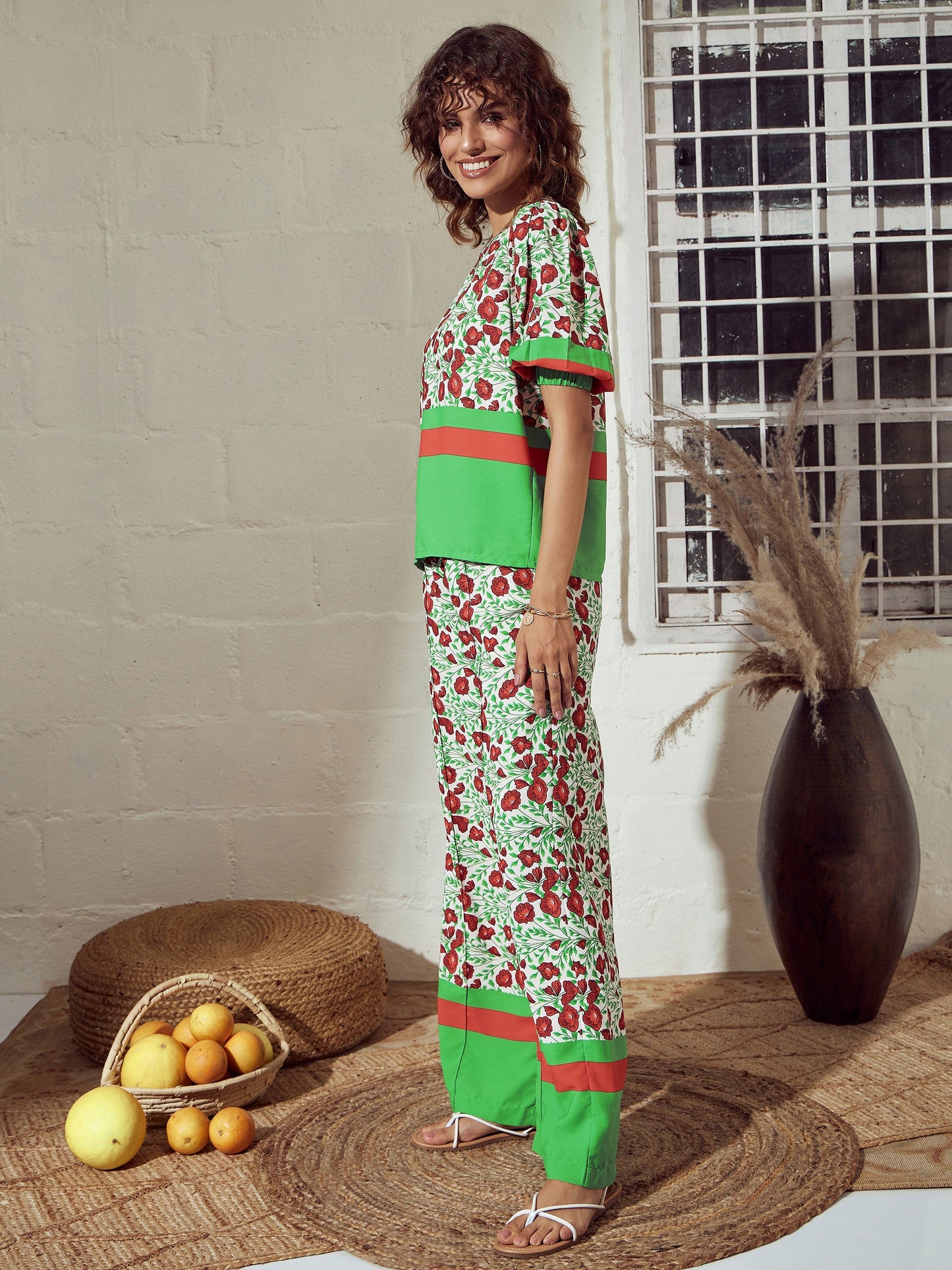 Green Floral Gathered Sleeves Top With Pants