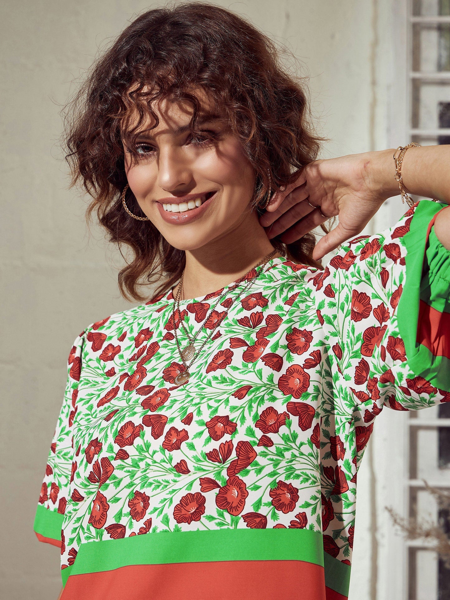 Green Floral Gathered Sleeves Top With Pants