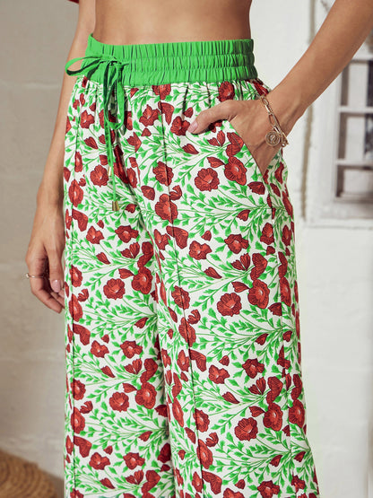 Green Floral Gathered Sleeves Top With Pants