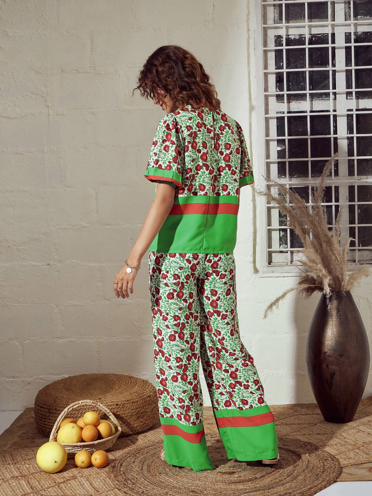 Green Floral Gathered Sleeves Top With Pants