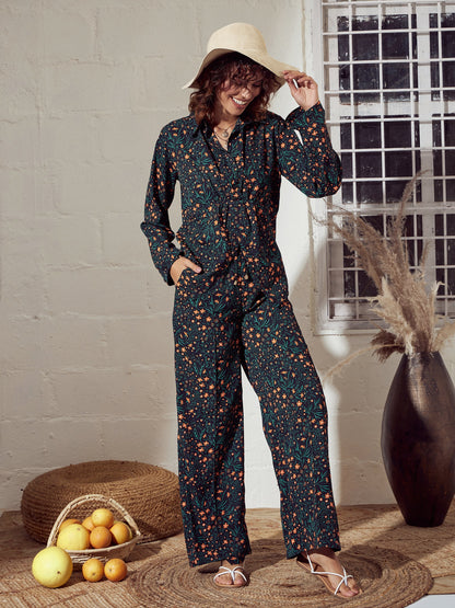 Green Ditsy Floral Twisted Top With Pants