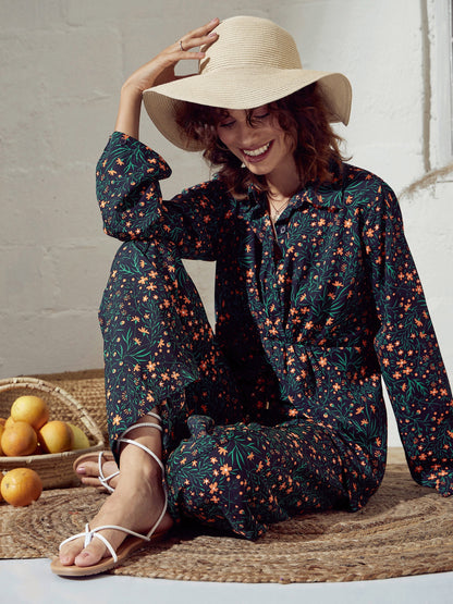 Green Ditsy Floral Twisted Top With Pants