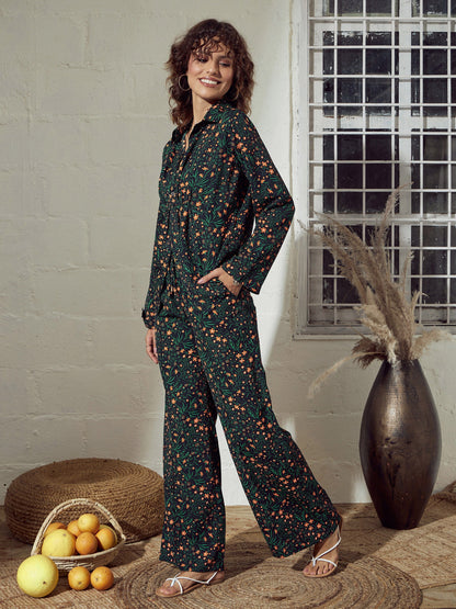 Green Ditsy Floral Twisted Top With Pants
