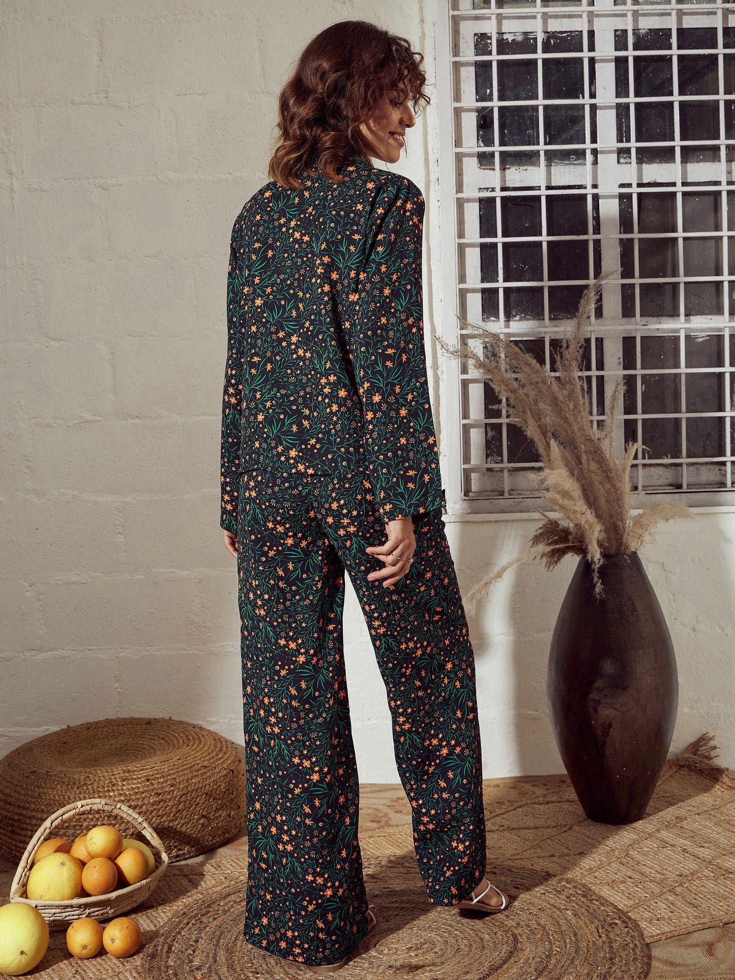 Green Ditsy Floral Twisted Top With Pants