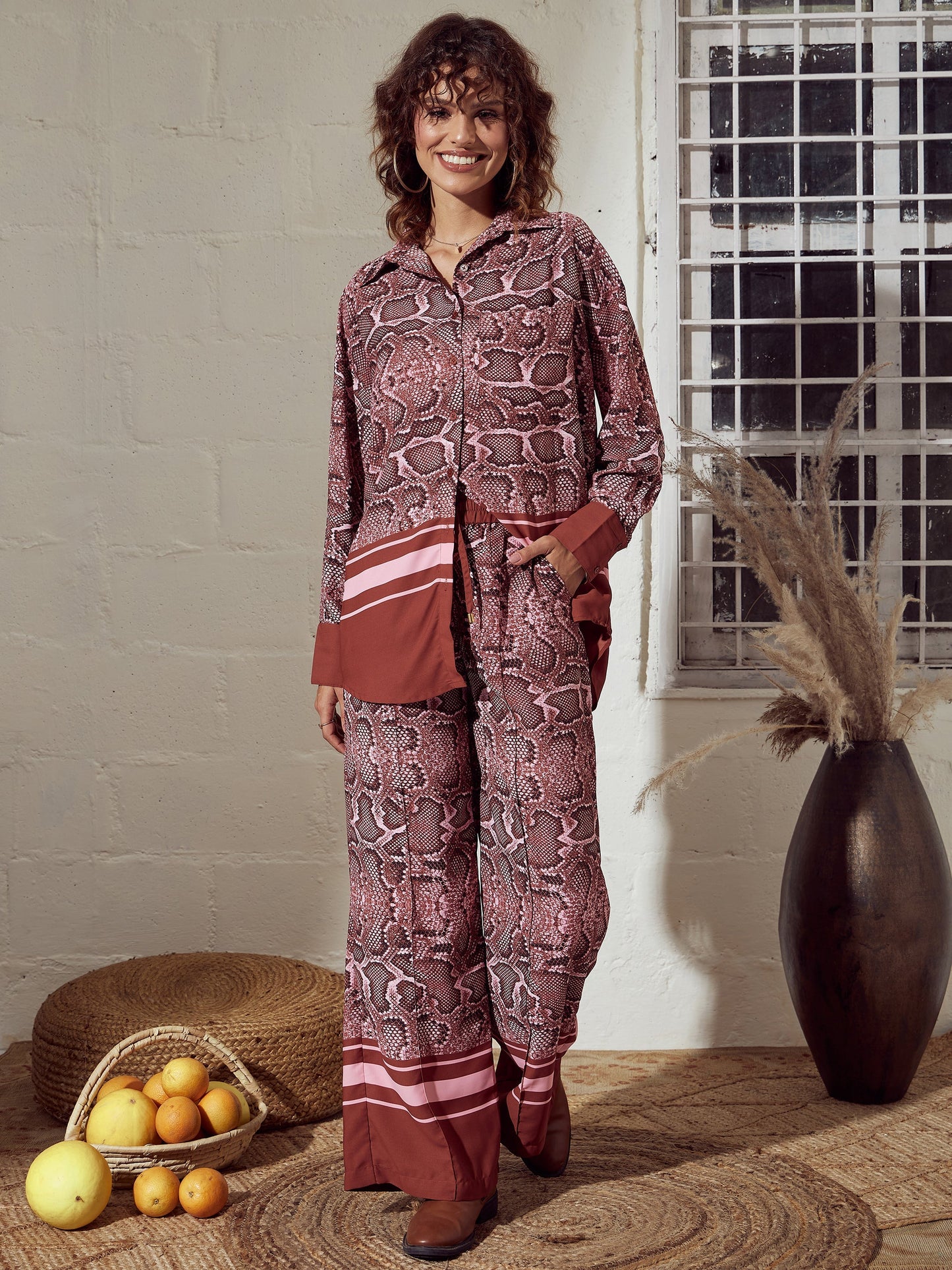 Pink Snake Print Oversized Shirt With Pants