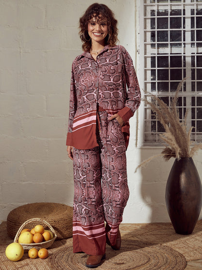 Pink Snake Print Oversized Shirt With Pants