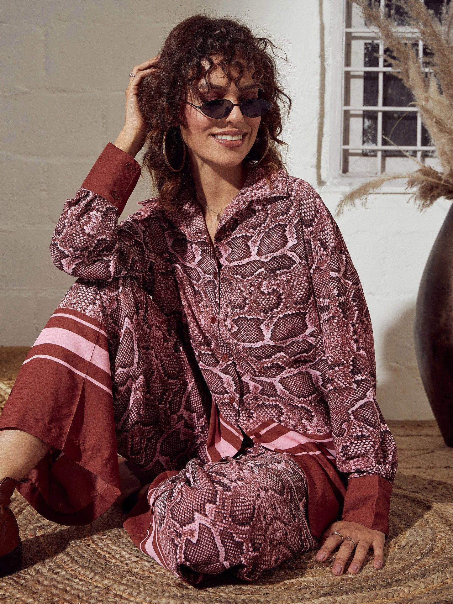 Pink Snake Print Oversized Shirt With Pants
