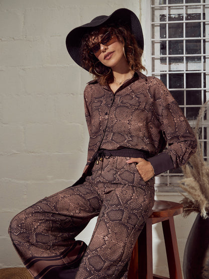 Brown Snake Print Oversized Shirt With Pants