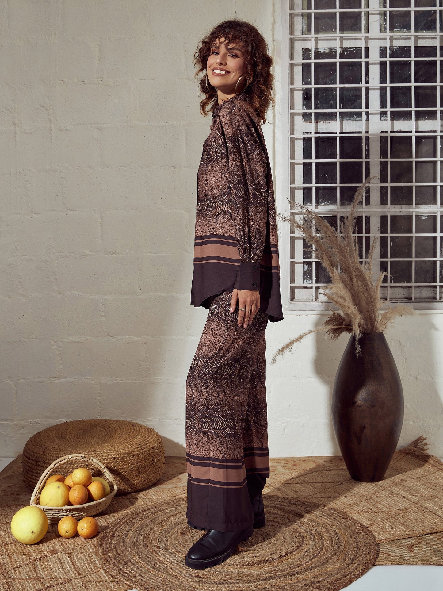 Brown Snake Print Oversized Shirt With Pants