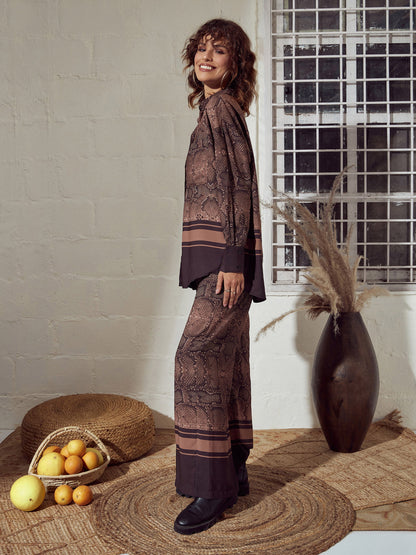Brown Snake Print Oversized Shirt With Pants