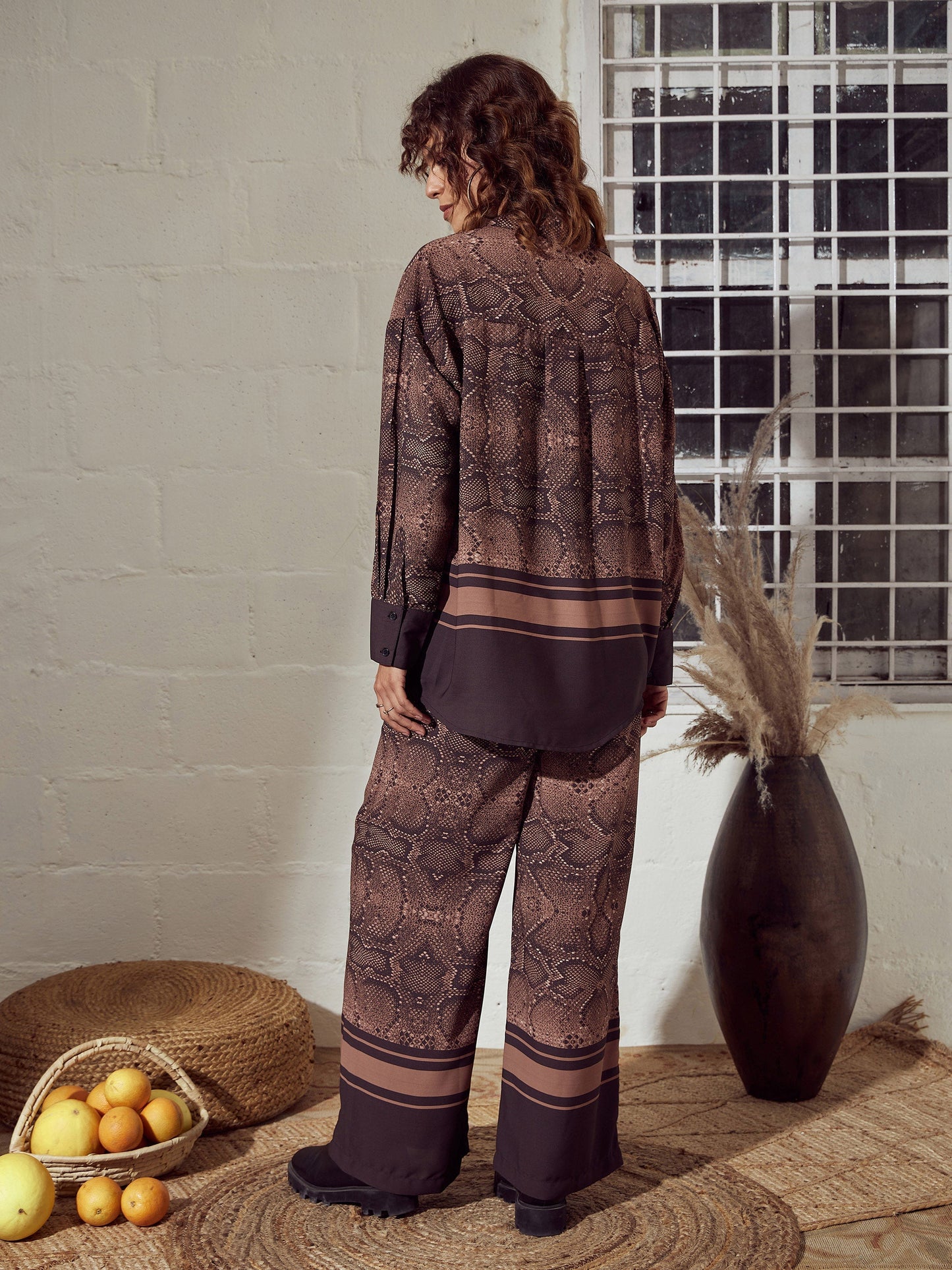 Brown Snake Print Oversized Shirt With Pants