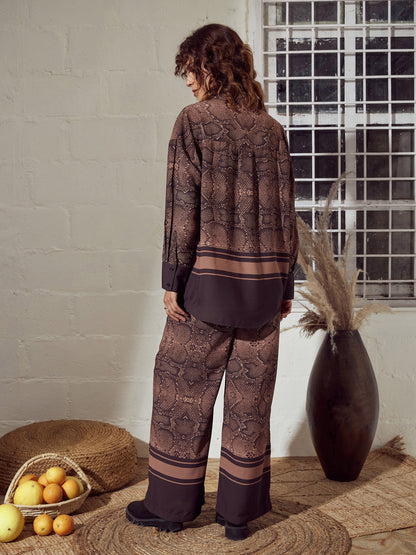 Brown Snake Print Oversized Shirt With Pants