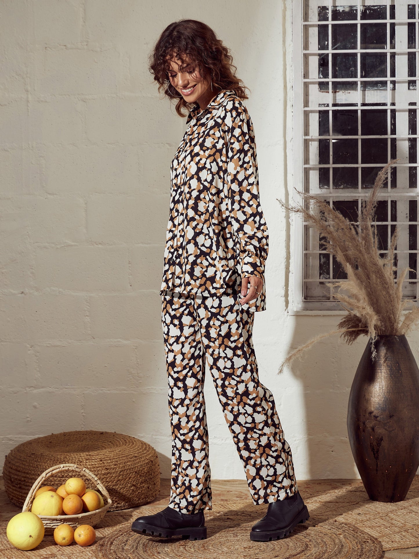 Beige Abstract Oversized Shirt With Pants