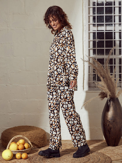 Beige Abstract Oversized Shirt With Pants