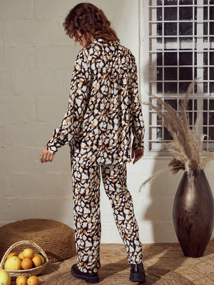Beige Abstract Oversized Shirt With Pants