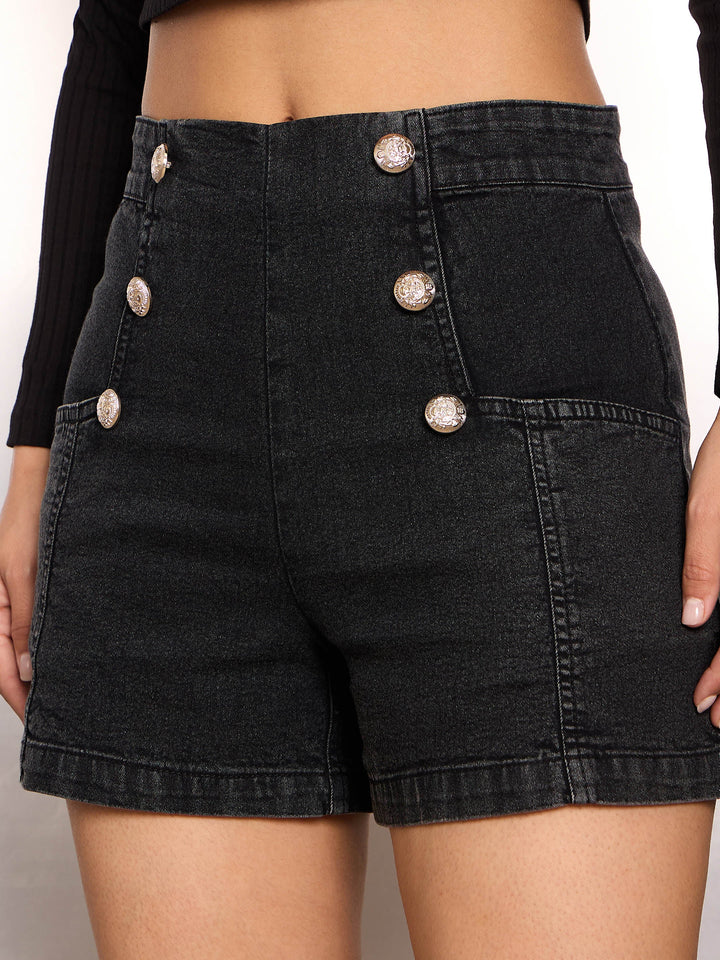 Women Black Washed  Denim Front Button Detail Shorts