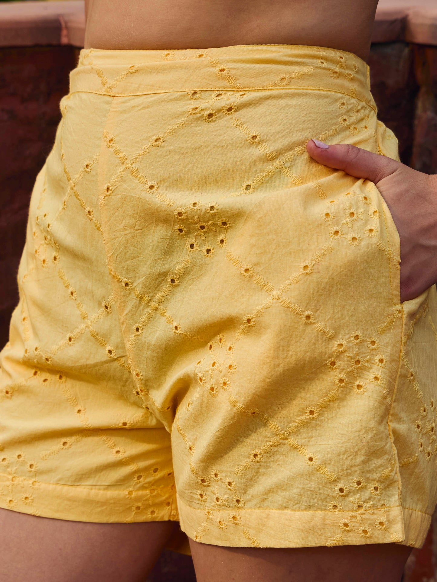 Yellow Schiffli Regular Shorts