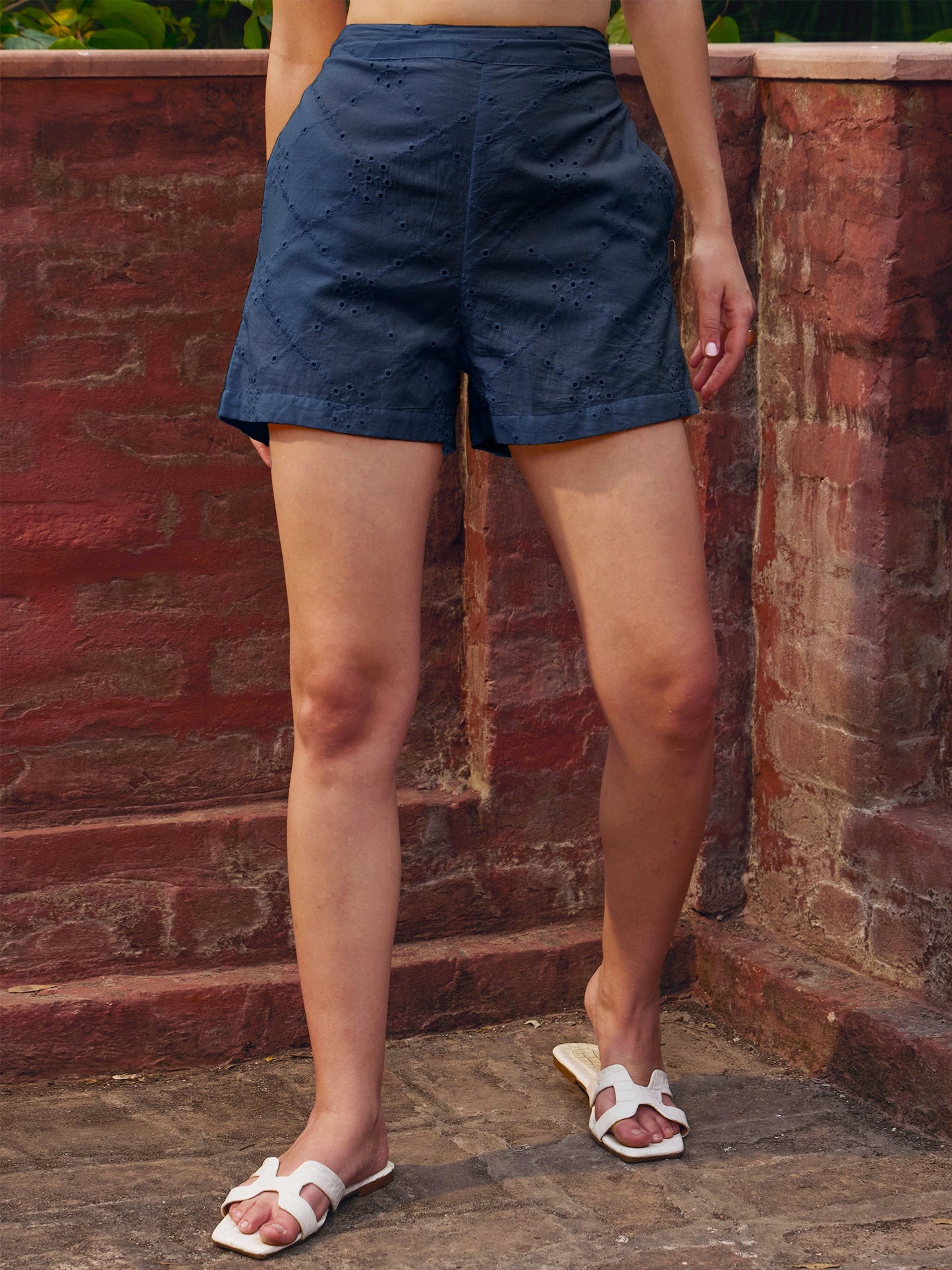 Navy Schiffli Regular Shorts