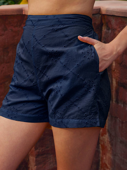 Navy Schiffli Regular Shorts