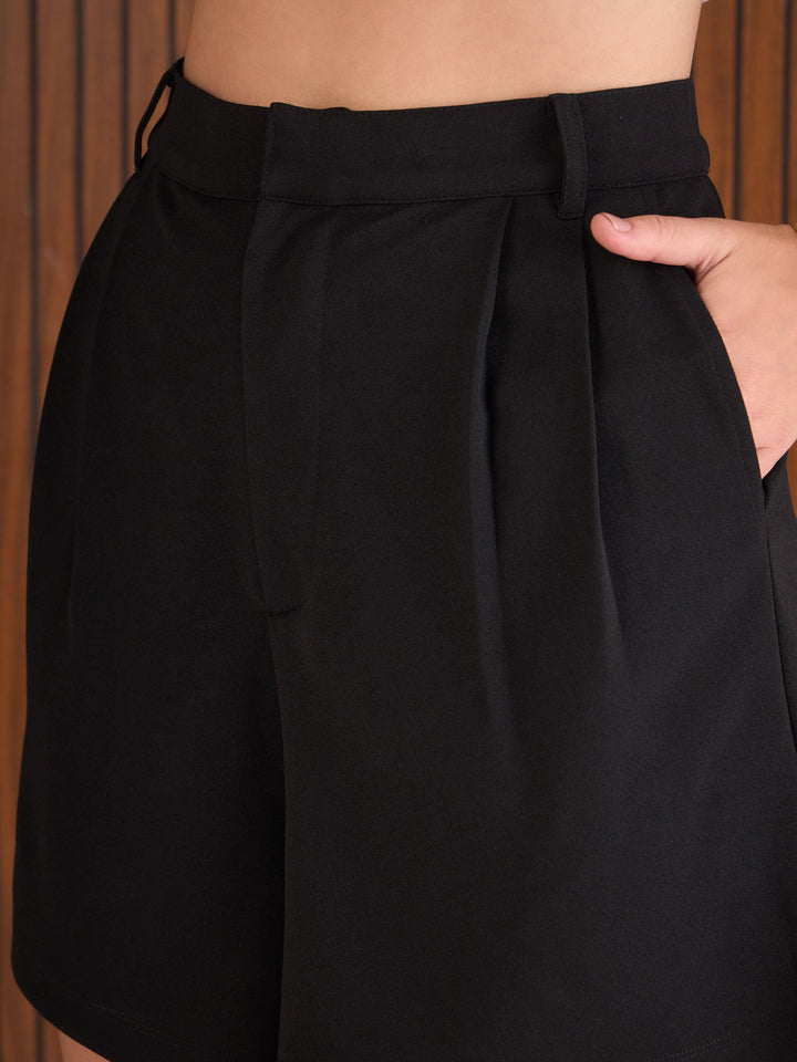 Women Black Front Pleated Shorts