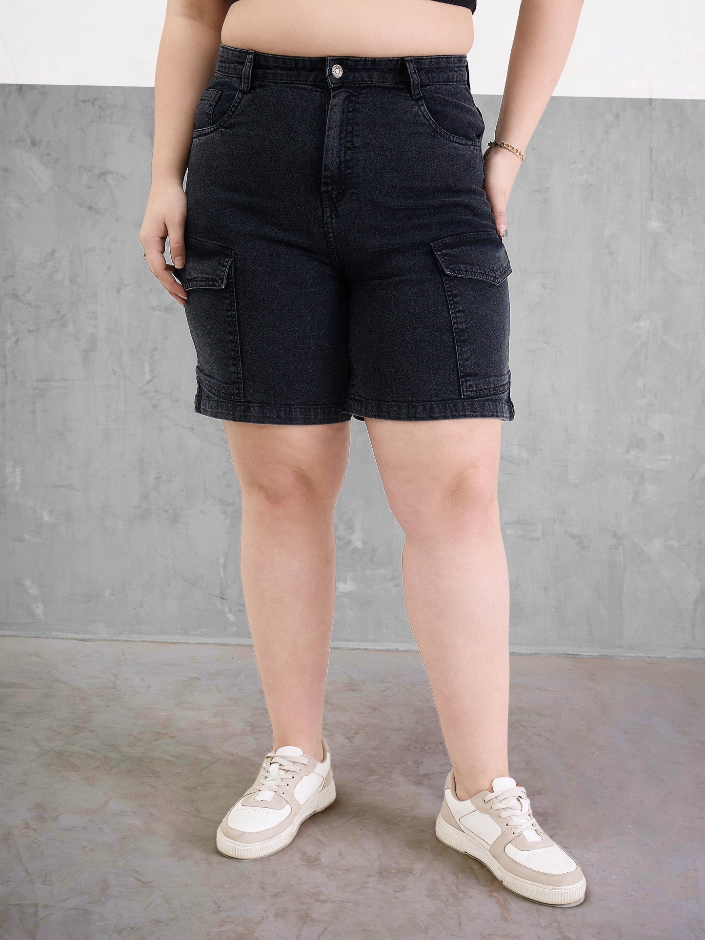 Plus size women's Black Denim Black Denim Hem Pockets Bermuda Shorts by Sassafras Curve for wholesale buyers, boutiques, resellers and bulk orders