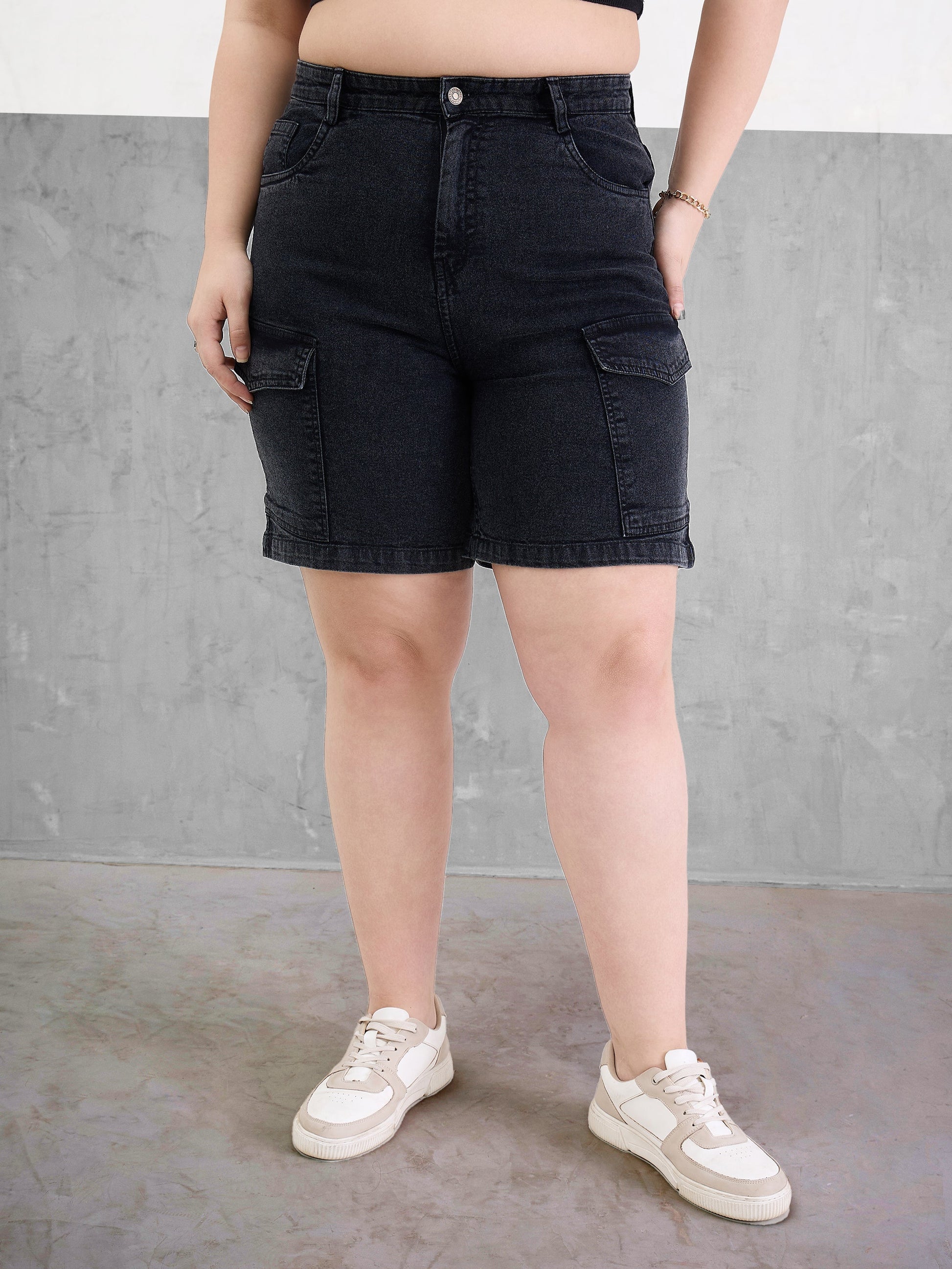 Plus size women's Black Denim Black Denim Hem Pockets Bermuda Shorts by Sassafras Curve for wholesale buyers, boutiques, resellers and bulk orders