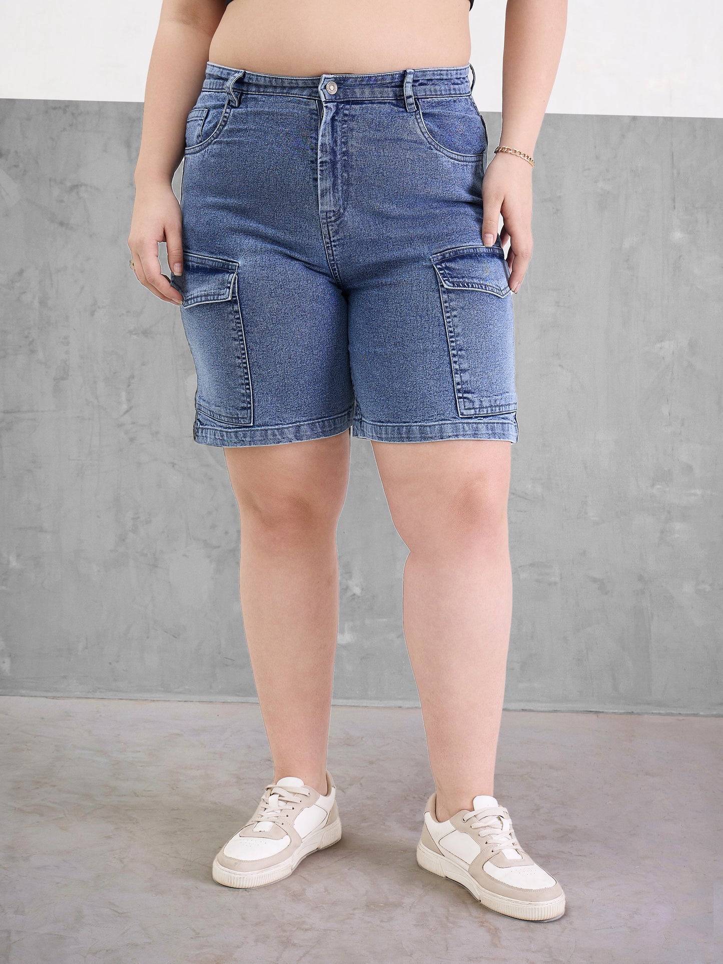Plus size women's Blue Denim Ice Blue Denim Hem Pockets Bermuda Shorts by Sassafras Curve for wholesale buyers, boutiques, resellers and bulk orders